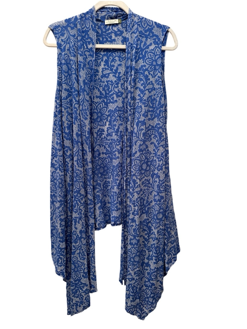 Chalet Blue Floral Open Front Drapey Vest Kimono USA Made Boho Layer Sz L